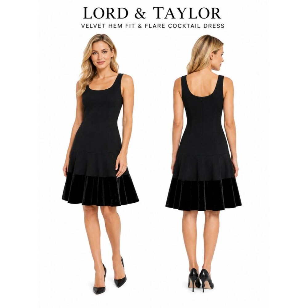 Lord & Taylor Velvet Hem Fit & Flare Cocktail Dress Women's Black Size 8 Elegant